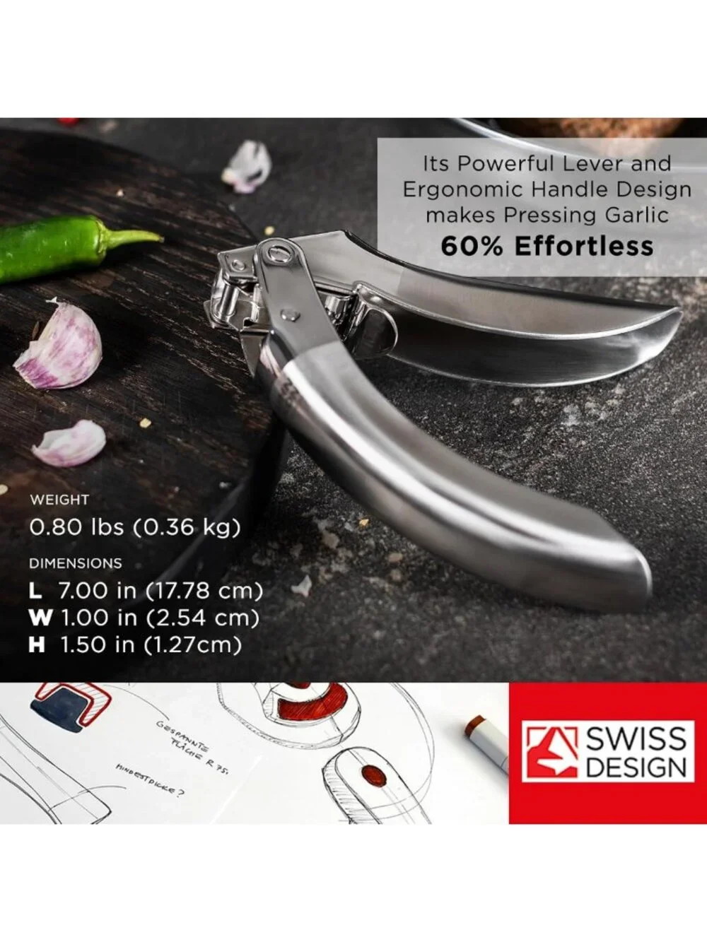 Stainless Steel Garlic Press - Epic Kitchen Tool, Compact & Durable, Silver